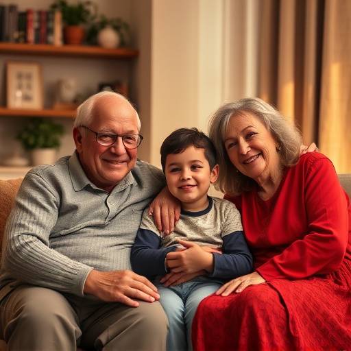 Avós, pais e netos posando juntos para um retrato de família em uma casa aconchegante em São Paulo.