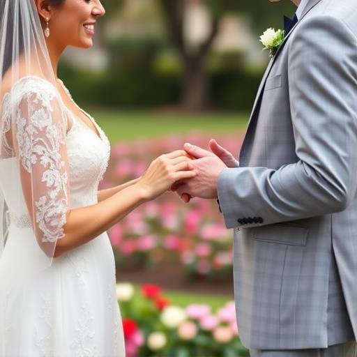 Casal trocando alianäas durante a cerimônia de casamento em um jardim ao ar livre em São Paulo.
