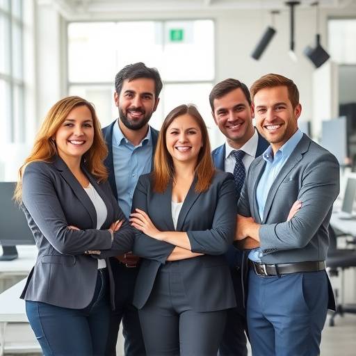 Equipe de profissionais de negócios sorrindo e posando em um escritório moderno e iluminado, com computadores e equipamentos de alta tecnologia.