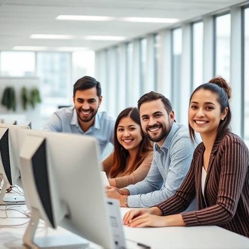 Equipe de profissionais sorrindo em um escritório moderno com computadores e equipamentos de trabalho em São Paulo.
