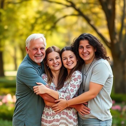 Família de quatro pessoas sorrindo e abraäando-se em um parque ensolarado, com árvores e flores ao fundo.