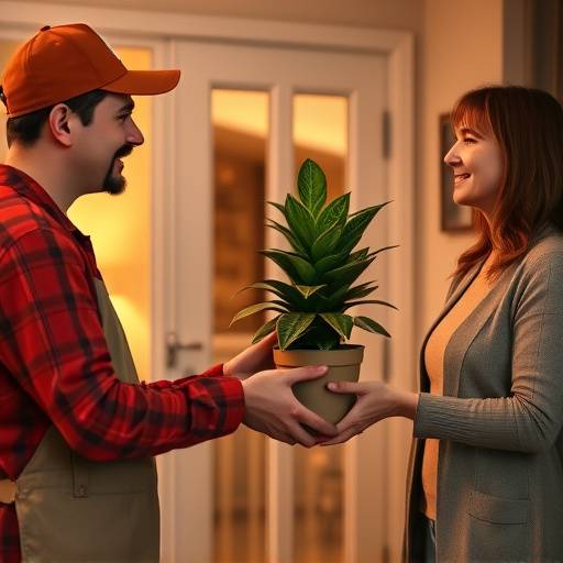 Um entregador da Florescendo Vidas entregando um vaso de planta para uma cliente em sua casa.
