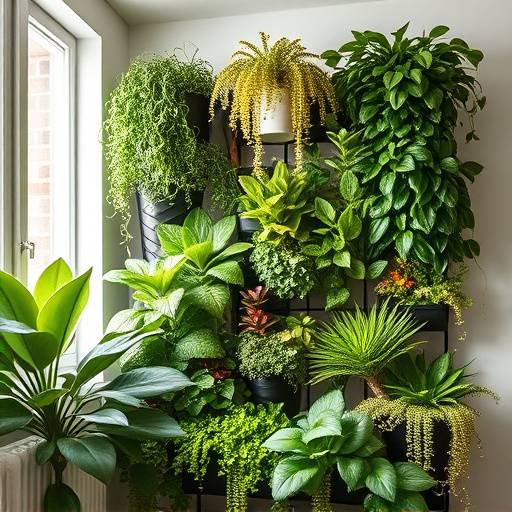 Um jardim vertical exuberante em um apartamento, com diversas espécies de plantas e um sistema de irrigaäão automatizado.