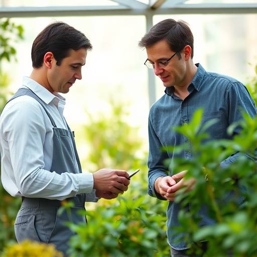 Uma especialista em jardinagem oferecendo consultoria para uma cliente, analisando plantas e o ambiente.