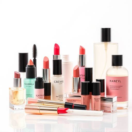 Uma variedade de produtos de beleza, incluindo batons, sombras e perfumes, dispostos de forma atraente em uma superfície bem iluminada.